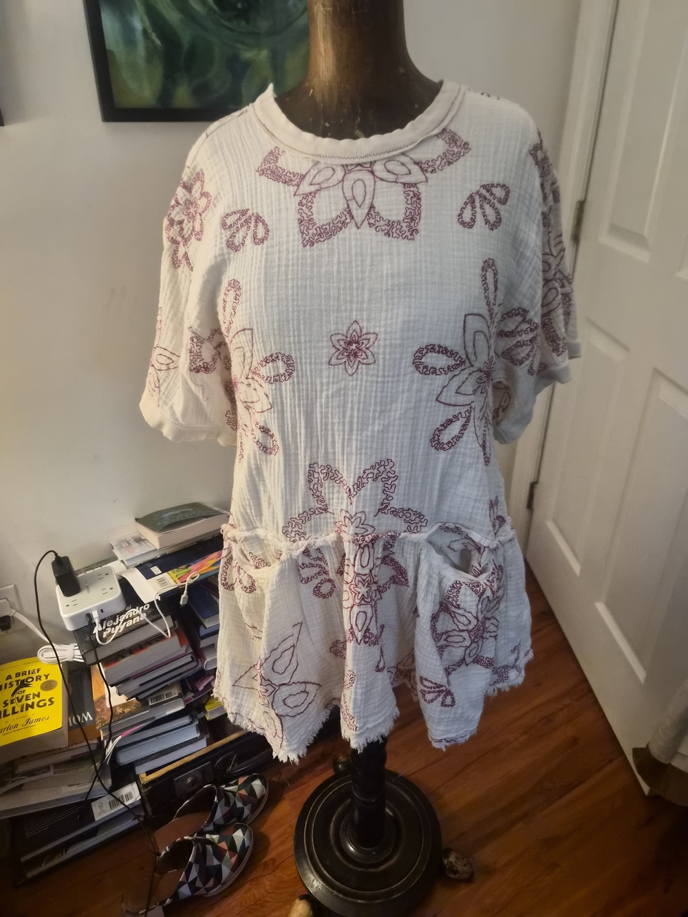 Free People White Tunic Top with Burgundy Floral Embroidery